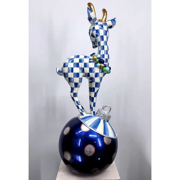 Mackenzie-Childs Royal Check Deary Deer on Ornament - Gold Antlers Holiday 16" - Picture 10 of 16